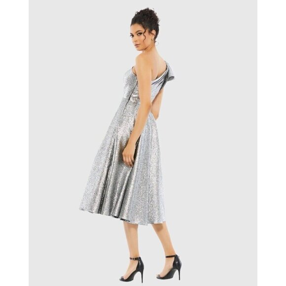 MAC DUGGAL Size 6 Silver Metallic One SHOULDER BOW MIDI BROCADE DRESS 67906 New - Picture 3 of 10